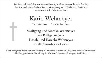 Traueranzeige von Karin Wehmeyer von vrm-trauer