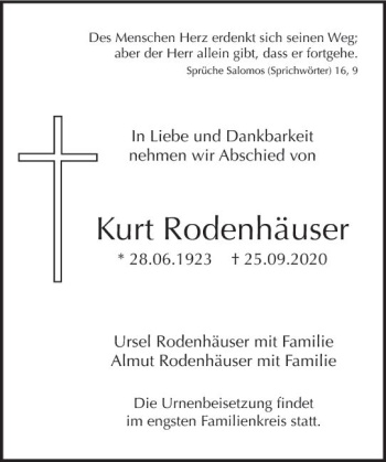 Traueranzeige von Kurt Rodenhäuser von vrm-trauer
