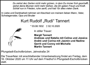 Traueranzeige von Kurt Rudolf  Tannert von vrm-trauer