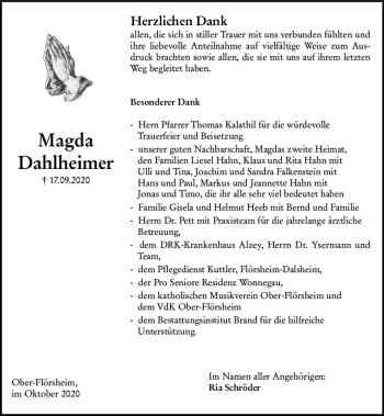 Traueranzeige von Magda Dahlheimer von vrm-trauer