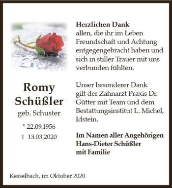 Traueranzeige von Romy Schüßler von vrm-trauer