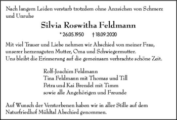 Traueranzeige von Silvia Roswitha Feldmann von vrm-trauer