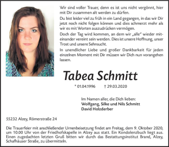 Traueranzeige von Tabea Schmitt von vrm-trauer