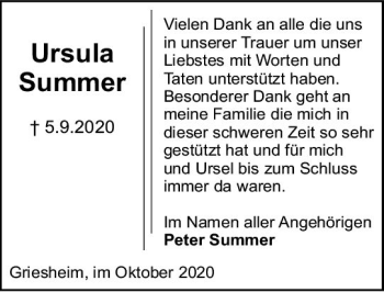Traueranzeige von Ursula Summer von vrm-trauer