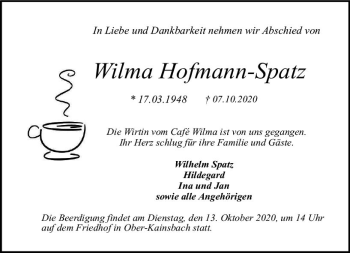 Traueranzeige von Wilma Hofmann-Spatz von vrm-trauer