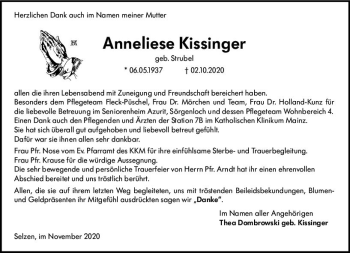 Traueranzeige von Anneliese Kissinger von vrm-trauer