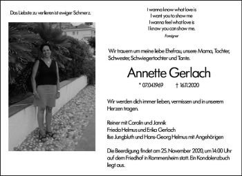 Traueranzeige von Annette Gerlach von vrm-trauer