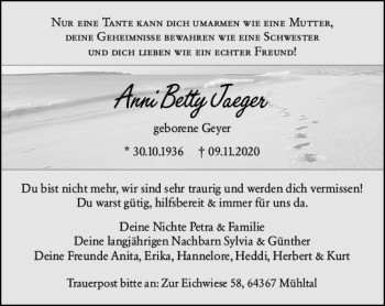 Traueranzeige von Anni Betty Jaeger von vrm-trauer