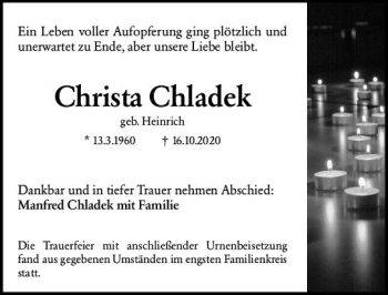 Traueranzeige von Christa Chladek von vrm-trauer