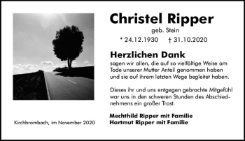 Traueranzeige von Christel Ripper von vrm-trauer Traueranzeige von Christel Ripper von vrm-trauer