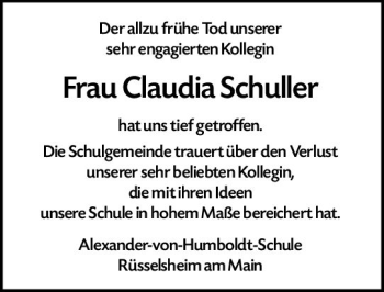 Traueranzeige von Claudia Schuller von vrm-trauer