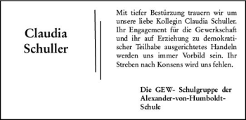 Traueranzeige von Claudia Schuller von vrm-trauer