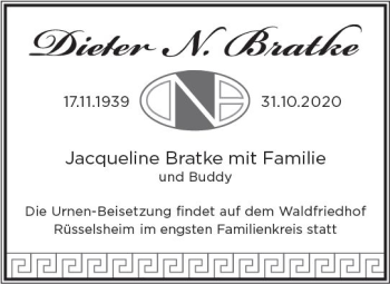 Traueranzeige von Dieter  Bratke von vrm-trauer Traueranzeige von Dieter  Bratke von vrm-trauer
