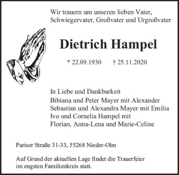 Traueranzeige von Dietrich Hampel von vrm-trauer