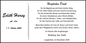 Traueranzeige von Edith Harsy von vrm-trauer