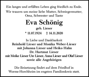Traueranzeige von Eva Schönig von vrm-trauer