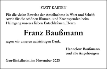 Traueranzeige von Franz Baußmann von vrm-trauer