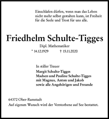 Traueranzeige von Friedhelm Schulte-Tigges von vrm-trauer