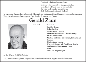 Traueranzeige von Gerald Zaun von vrm-trauer