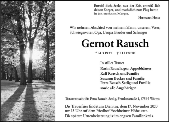 Traueranzeige von Gernot Rausch von vrm-trauer