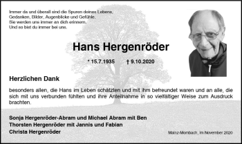 Traueranzeige von Hans hergenröder von vrm-trauer