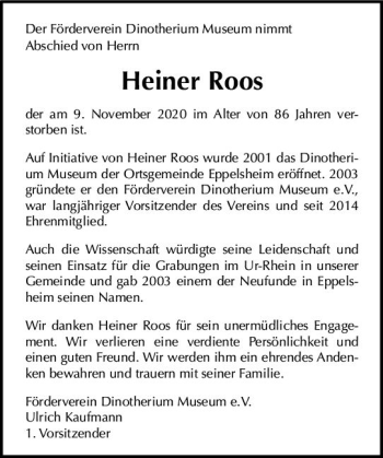 Traueranzeige von Heiner Roos von vrm-trauer