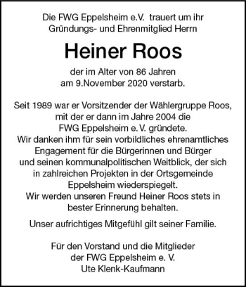 Traueranzeige von Heiner Roos von vrm-trauer