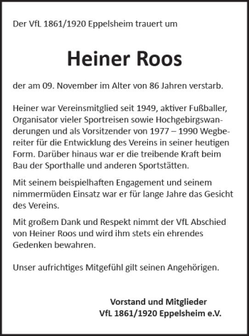 Traueranzeige von Heiner Roos von vrm-trauer