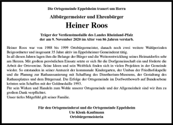 Traueranzeige von Heiner Roos von vrm-trauer