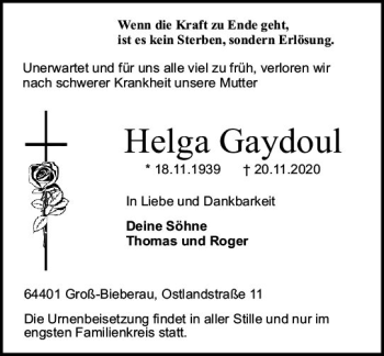 Traueranzeige von Helga Gaydoul von vrm-trauer
