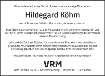 Traueranzeige von Hildegard Köhm von vrm-trauer