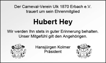 Traueranzeige von Hubert Hey von vrm-trauer