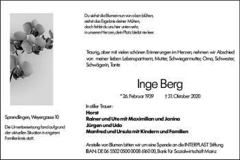 Traueranzeige von Inge Berg von vrm-trauer Traueranzeige von Inge Berg von vrm-trauer