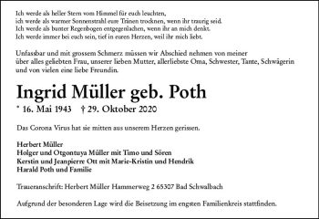 Traueranzeige von Ingrid Müller von vrm-trauer