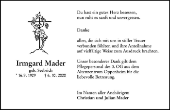 Traueranzeige von Irmgard Mader von vrm-trauer