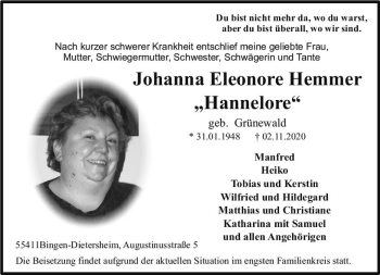 Traueranzeige von Johanna Eleonore Hemmer von vrm-trauer