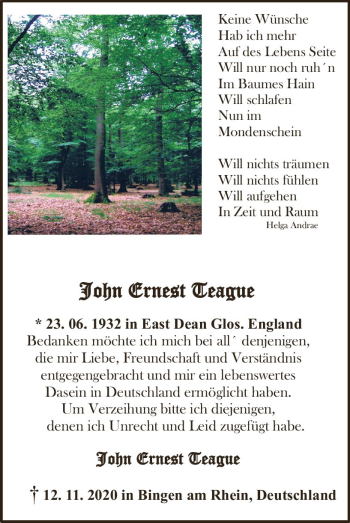 Traueranzeige von John Ernest Teague von vrm-trauer