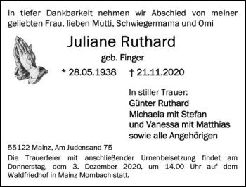 Traueranzeige von Juliane Ruthard von vrm-trauer