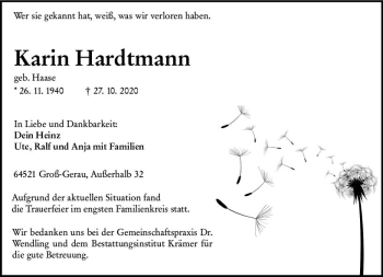 Traueranzeige von Karin Hardtmann von vrm-trauer