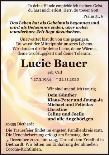 Traueranzeige von Lucie Bauer von vrm-trauer