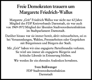 Traueranzeige von Margarete Friedrich-Wallus von vrm-trauer