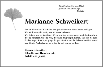 Traueranzeige von Marianne Schweikert von vrm-trauer