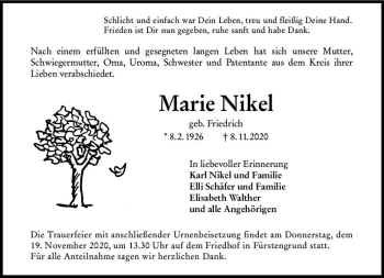 Traueranzeige von Marie Nikel von vrm-trauer