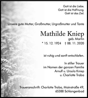 Traueranzeige von Mathilde Kniep von vrm-trauer