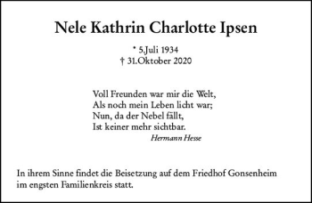 Traueranzeige von Nele Kathrin Charlotte Ipsen von vrm-trauer Traueranzeige von Nele Kathrin Charlotte Ipsen von vrm-trauer
