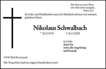 Traueranzeige von Nikolaus Schwalbach von vrm-trauer
