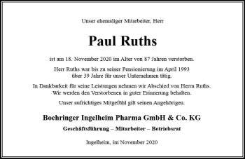 Traueranzeige von Paul Ruths von vrm-trauer