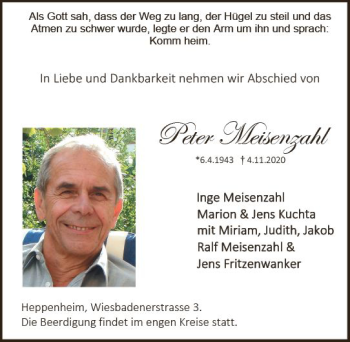 Traueranzeige von Peter Meisenzahl von vrm-trauer