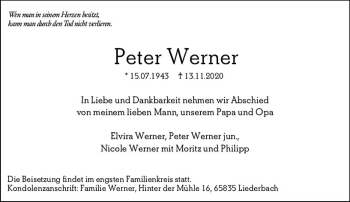 Traueranzeige von Peter Werner von vrm-trauer