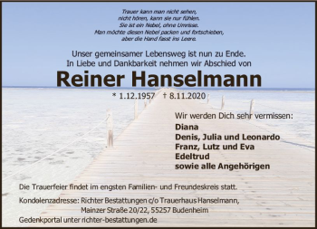 Traueranzeige von Reiner Hanselmann von vrm-trauer